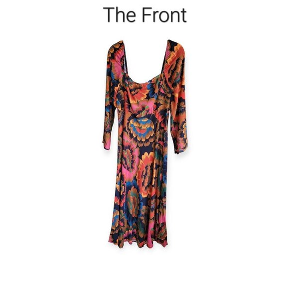 Farm Rio Floral Crepe Midi Dress Smocked Back Square Neck Viscose Size S - Picture 6 of 16